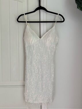 White Sequin Fringe Mini Dress with Spaghetti Straps